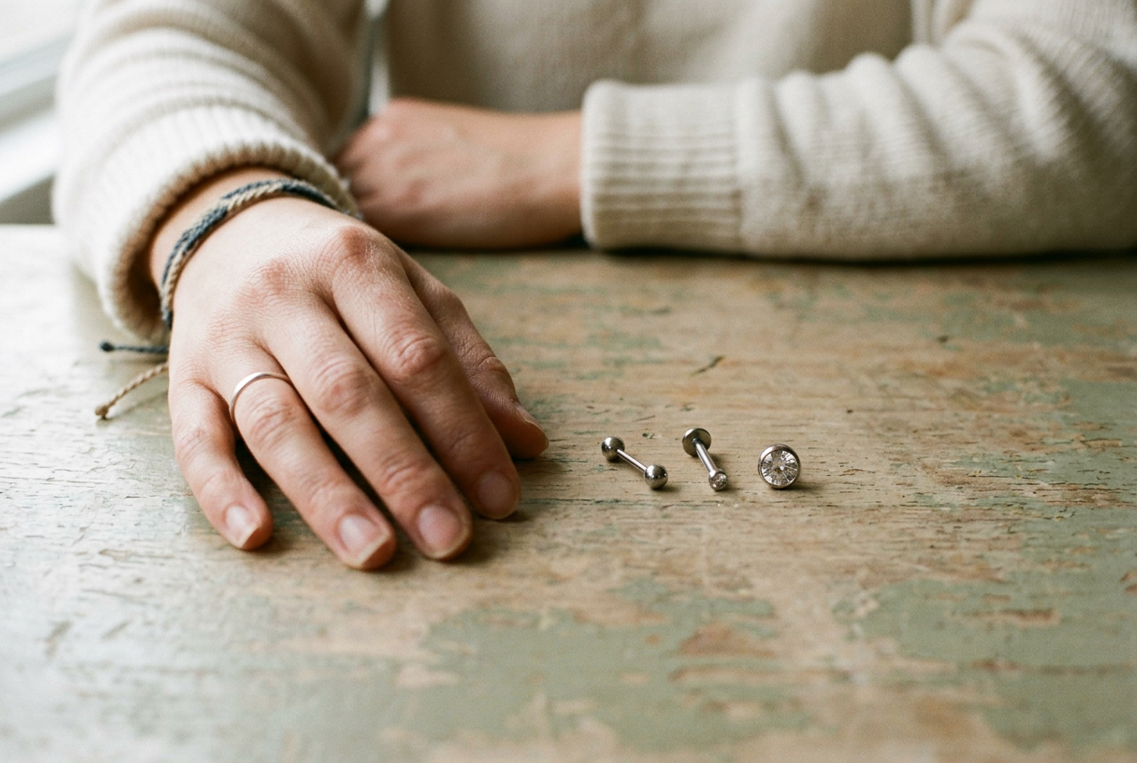 Close view of 18-gauge and 16-gauge titanium flat back posts beside a small bezel-set gem end.