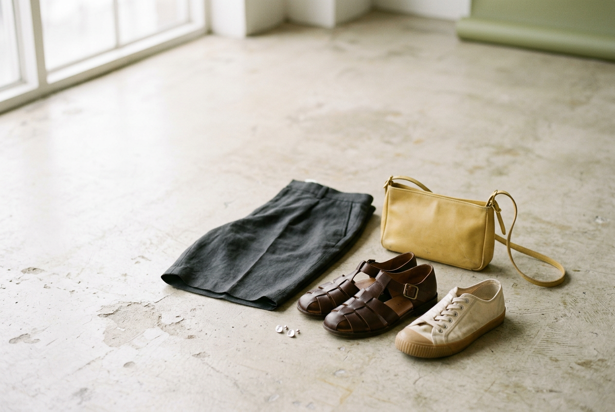 Long shorts, slim sneakers, a pale yellow shoulder bag and silver earrings arranged for a 2026 fashion outlook