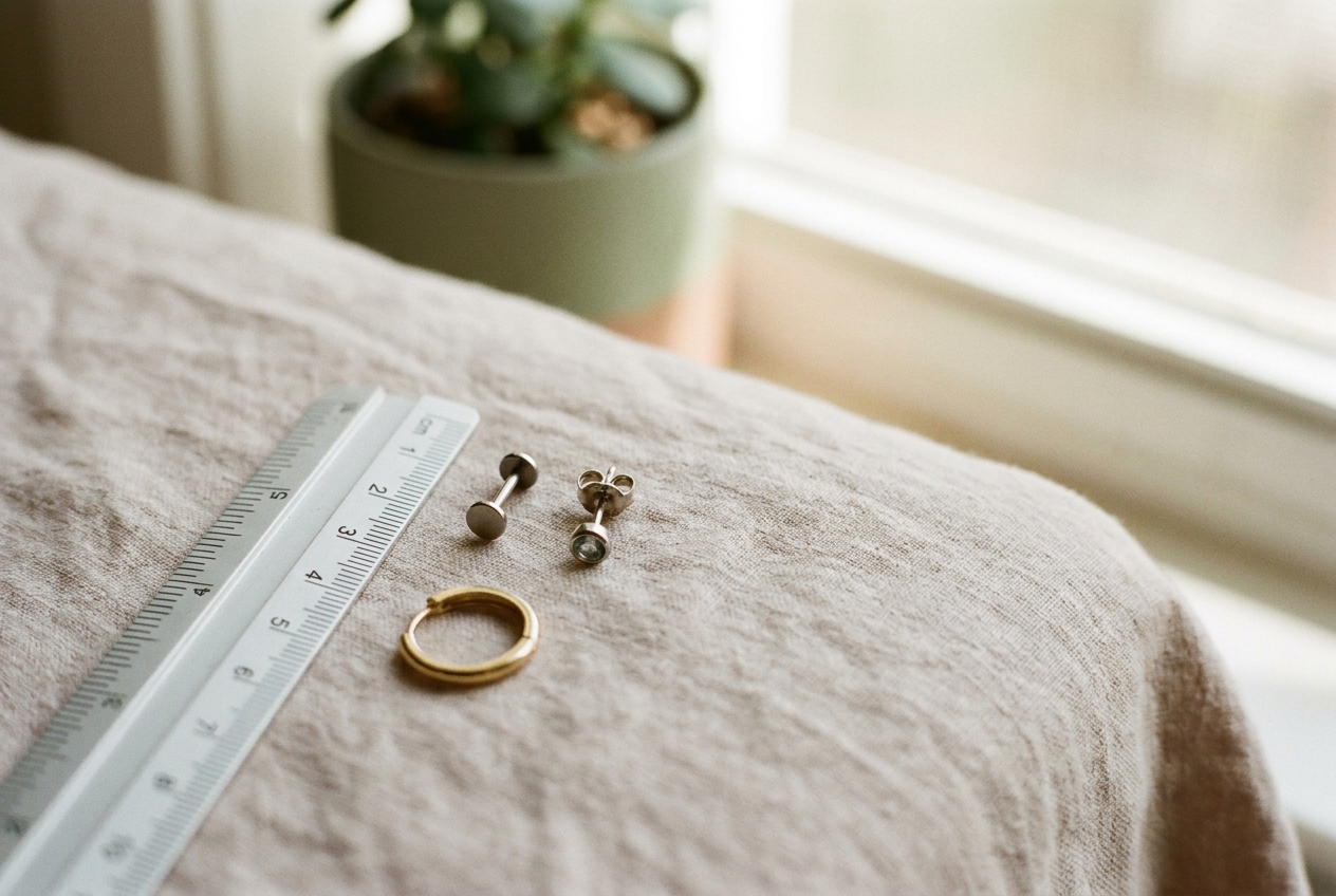 A 20g stud and an 18g titanium flat back beside a ruler, with their 0.8 mm and 1.0 mm posts visible.