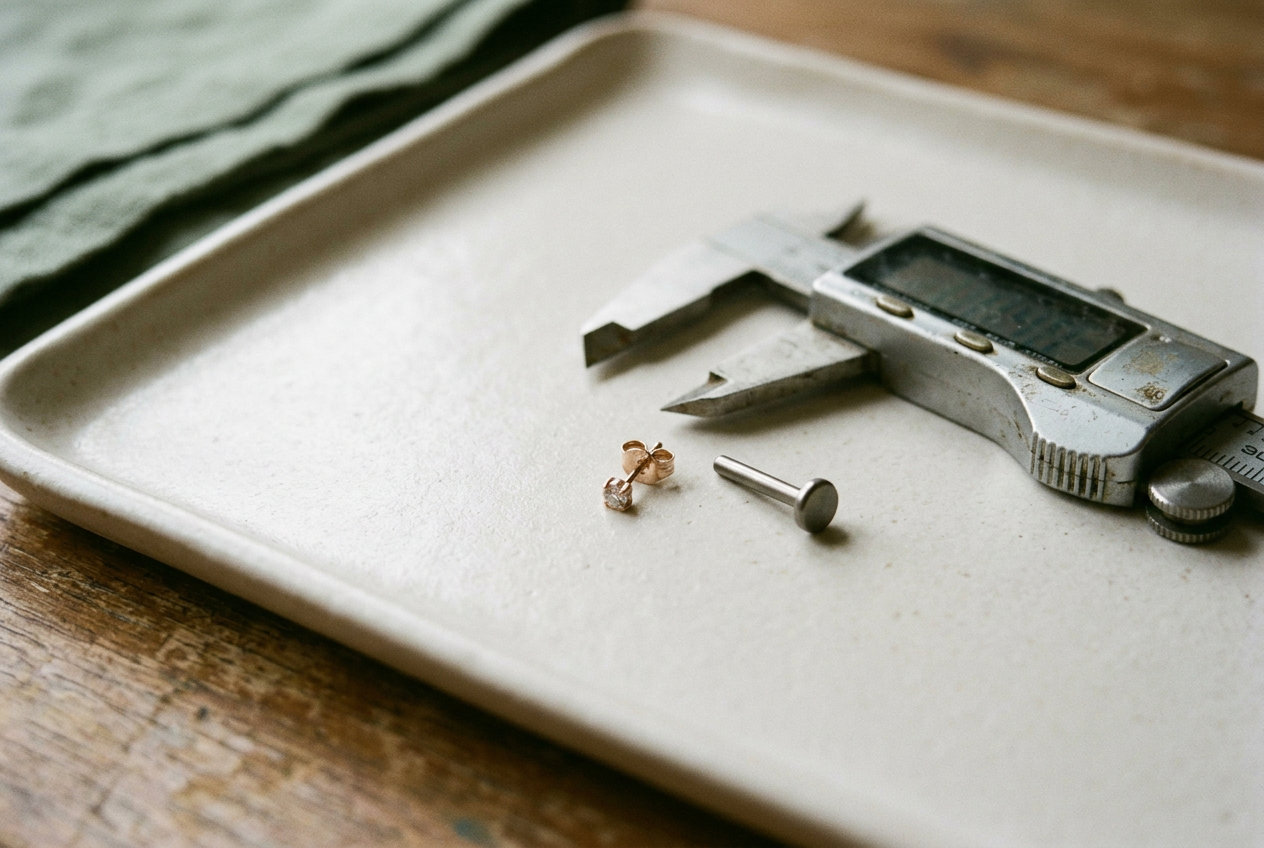 Slim 20-gauge stud beside a thicker 16-gauge titanium flat-back post on a plain tray.