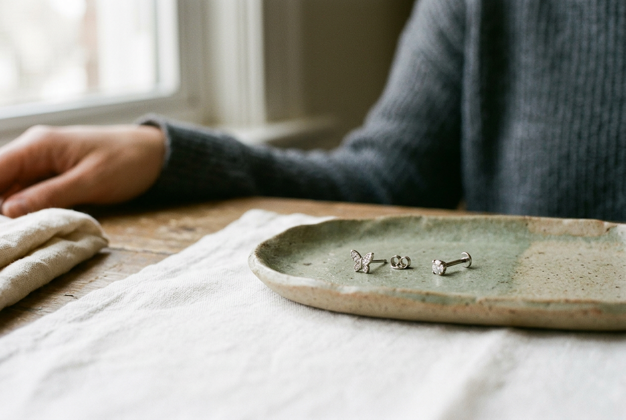 A thin fashion stud beside a thicker titanium flat-back labret, shown from the side on a plain tray.