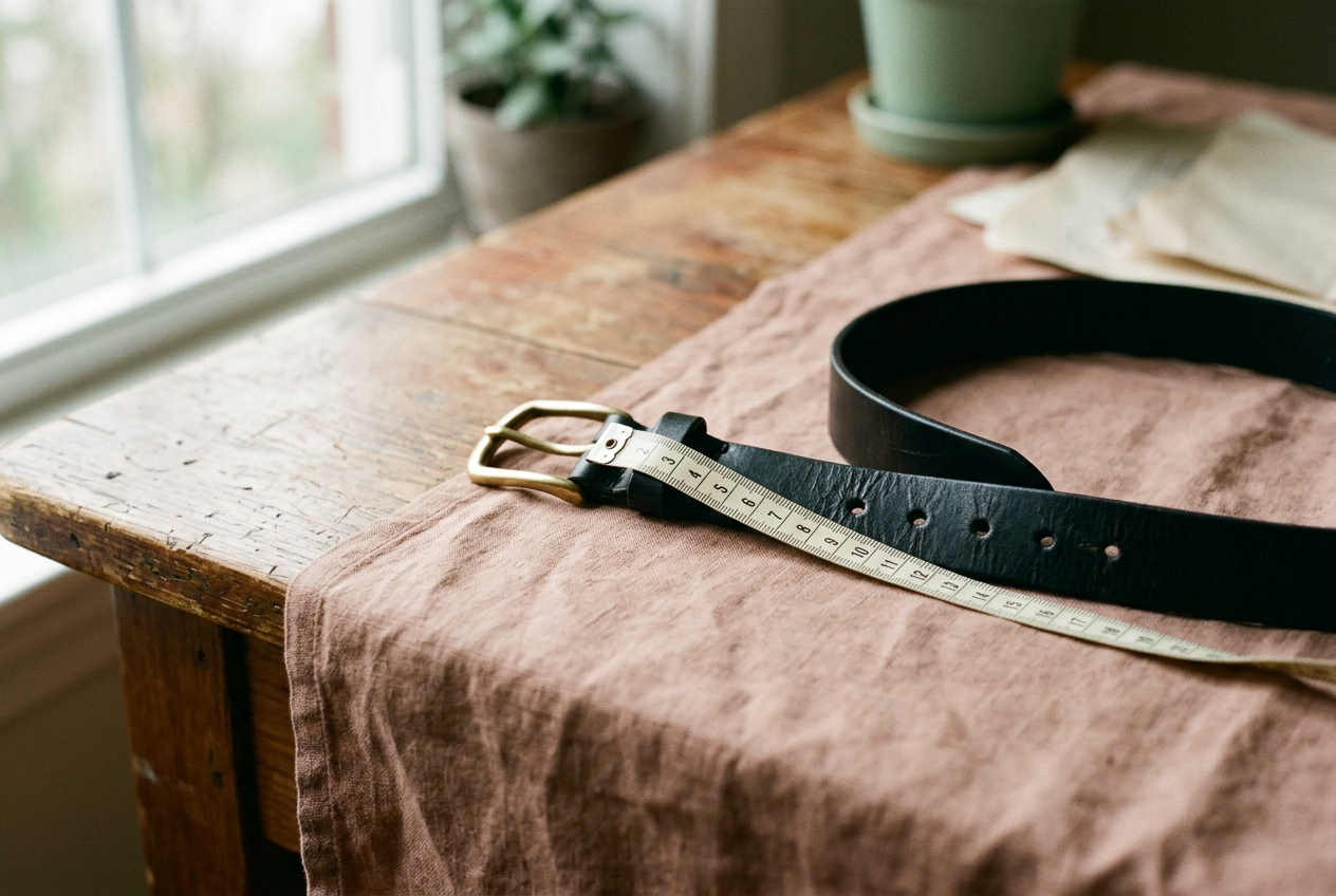 Black leather belt beside a tape measure running from the buckle prong to the center of five holes.
