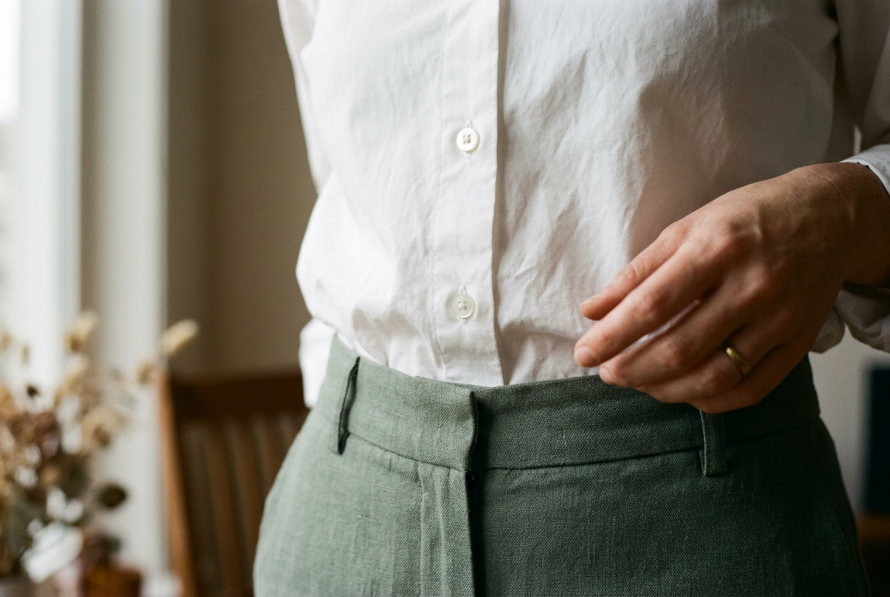 Close view of a white cotton-poplin shirt showing a small gap between two buttons at the bust.
