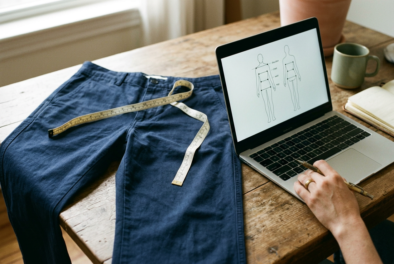 Tape measure across the waistband of navy cotton-twill trousers laid flat beside a product size chart.