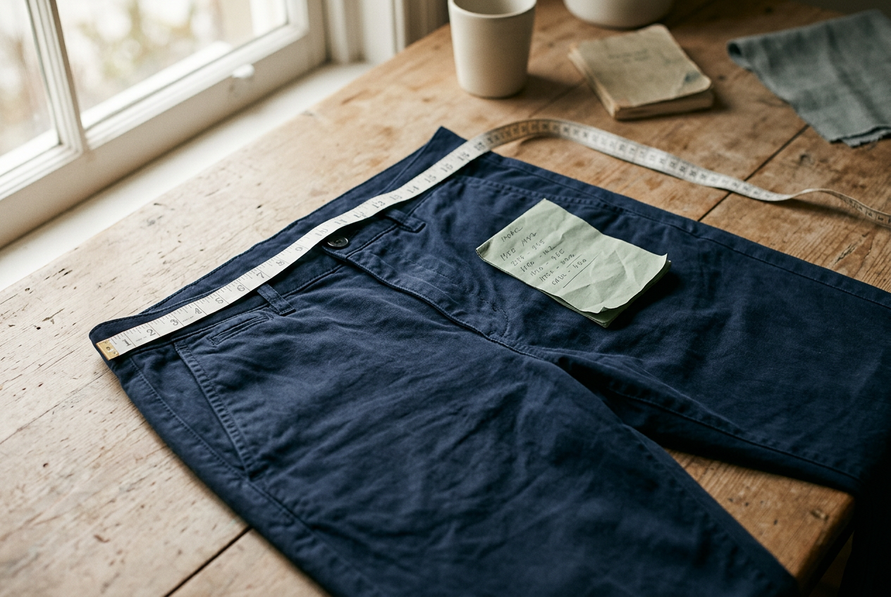 Tape measure across the waistband of navy cotton twill trousers laid flat beside a handwritten measurement note.