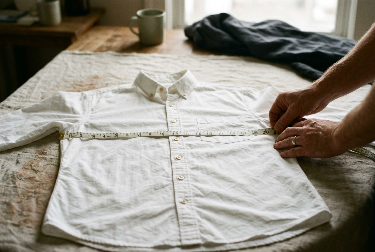 A white cotton-poplin shirt laid flat beside a tape measure running across the chest from underarm to underarm.