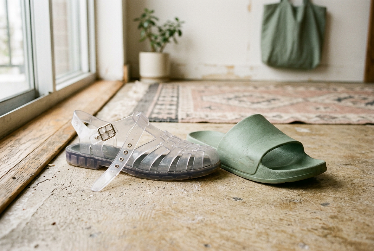 Clear PVC fisherman sandal unbuckled beside a molded two-strap jelly slide on a plain floor.