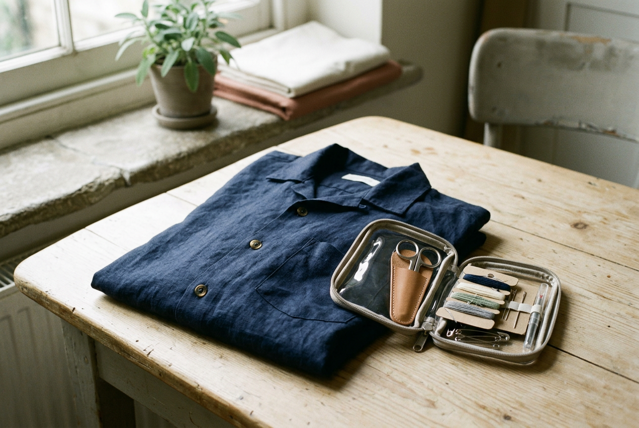 A clear travel repair pouch beside a navy linen shirt, with small scissors, thread, needles, tape and a zipper pull.