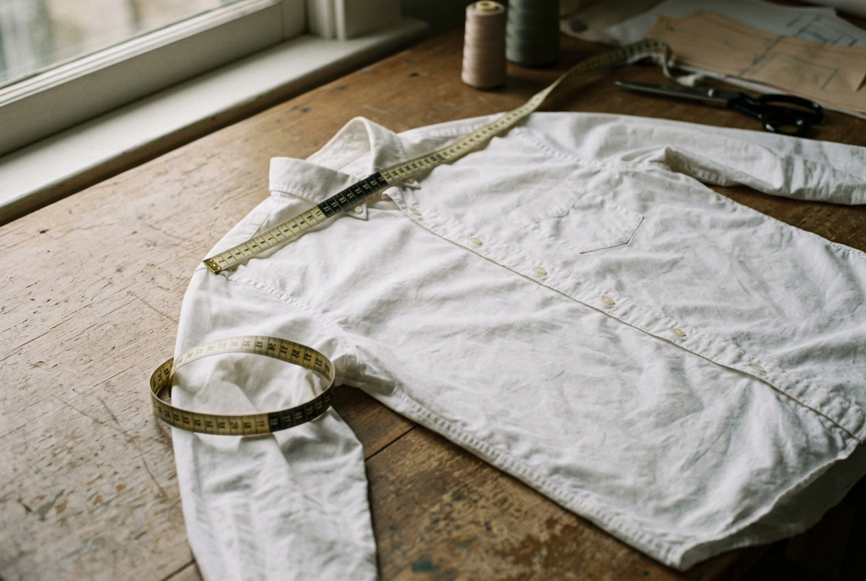 Tape measure across the shoulder and upper sleeve of a white cotton poplin shirt laid flat on a table