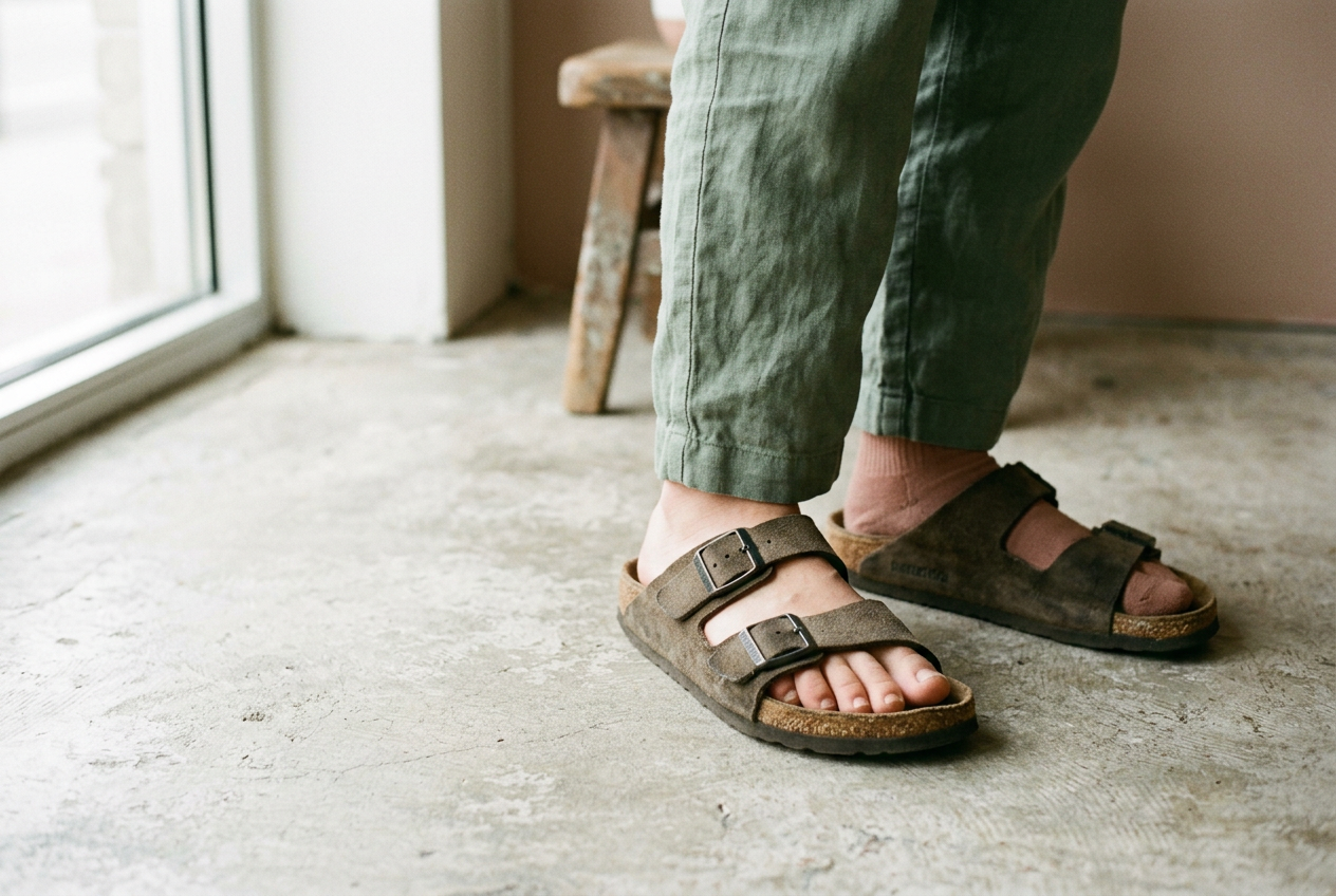 Two-strap cork sandals showing darkened suede at the heel and ball after a week of wear.