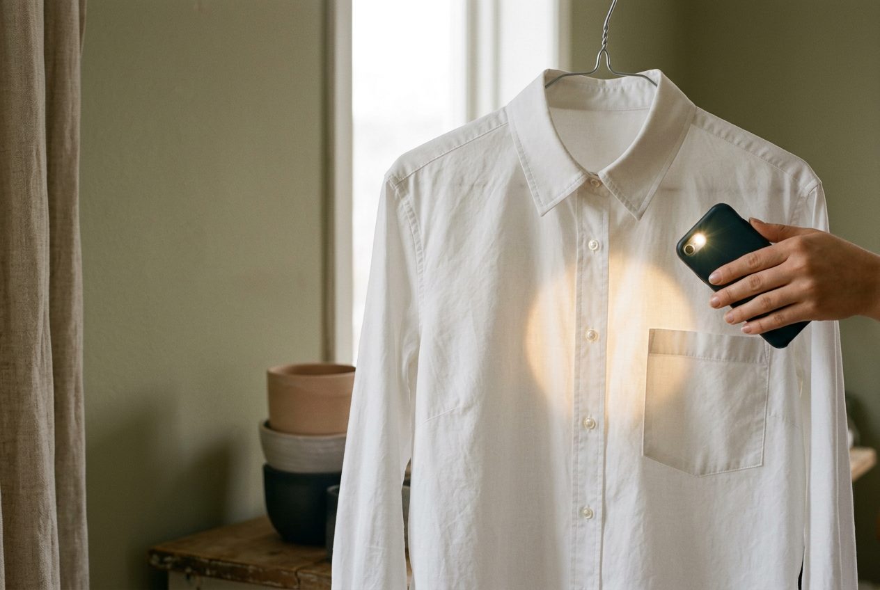 A hand and phone flashlight testing the single-layer body of a white cotton poplin shirt beside its chest pocket.