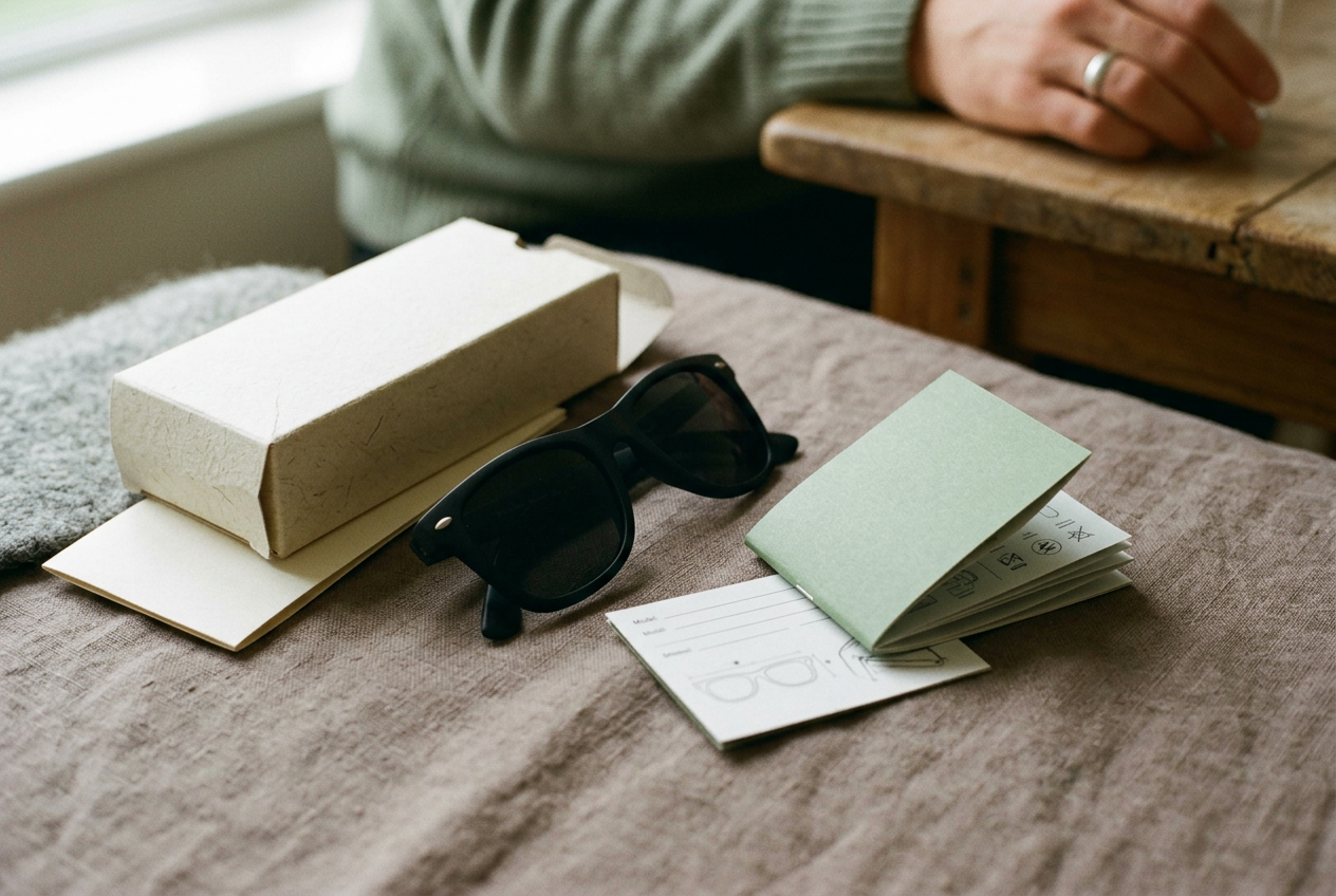 Black Wayfarer sunglasses beside packaging showing the model code, polarized treatment, and green lens specification.