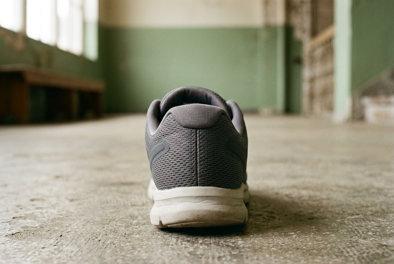 Close view of a gray mesh walking sneaker showing the padded collar, rear seam and firm heel counter.