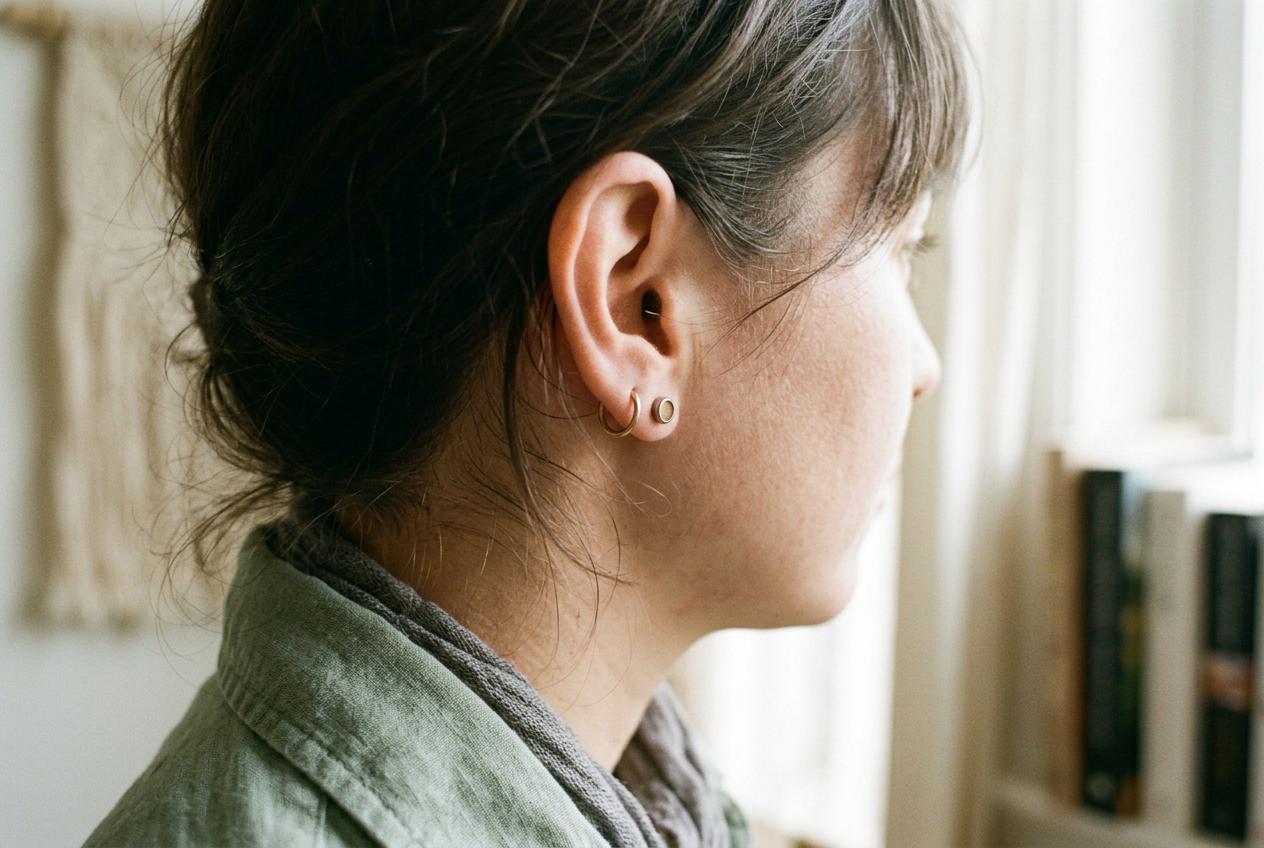 Side view of a small titanium flat back stud showing excess post between the bezel front and a healed earlobe.