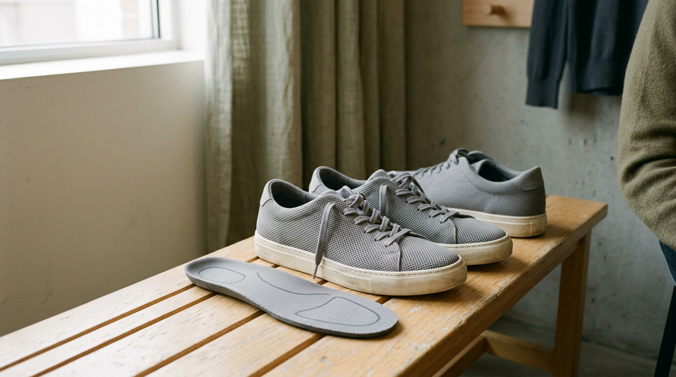 Gray mesh sneakers in regular, half-size-up and wide fittings beside their removable foam sockliners.