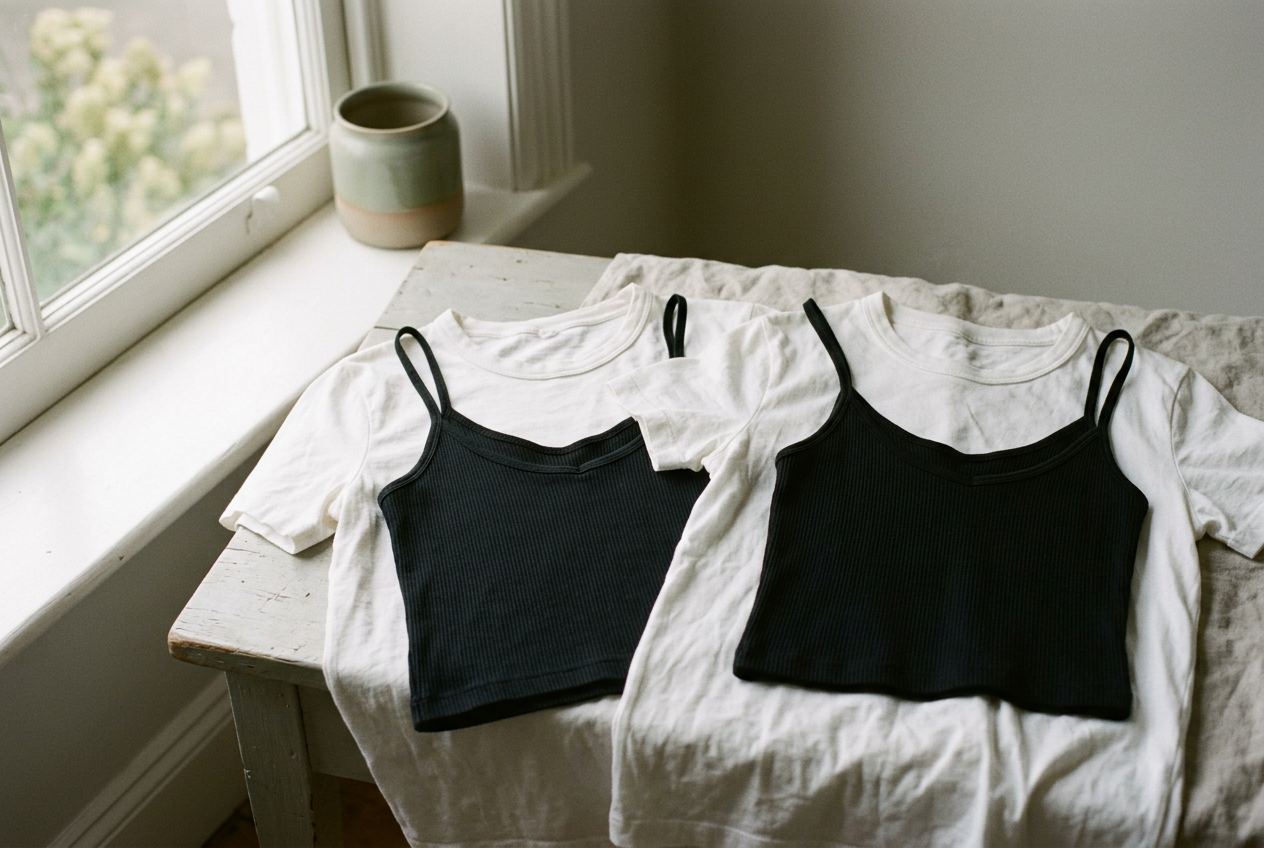Two white crewneck T-shirts held over a black camisole beside a bright window.