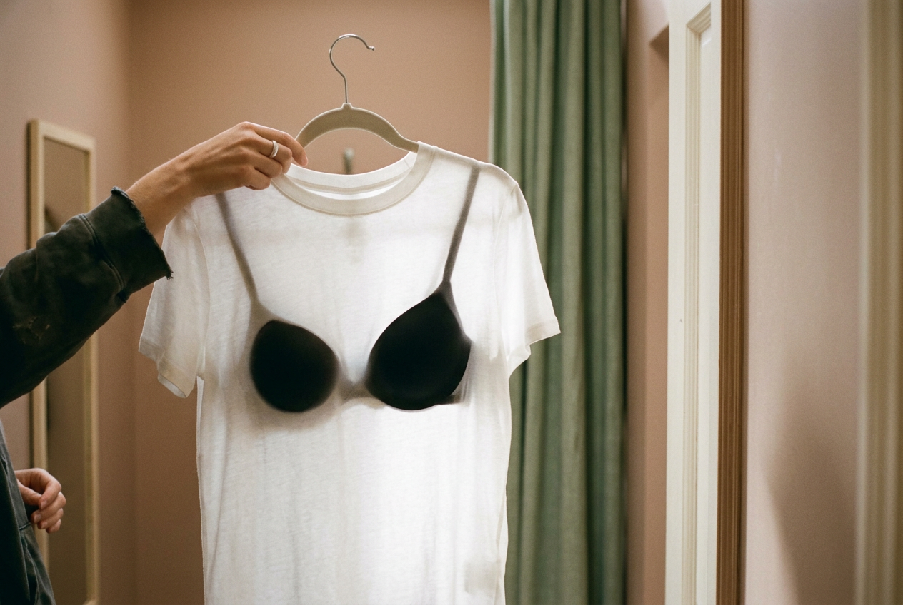 White cotton crewneck held toward a fitting-room light above a black smooth-cup bra.