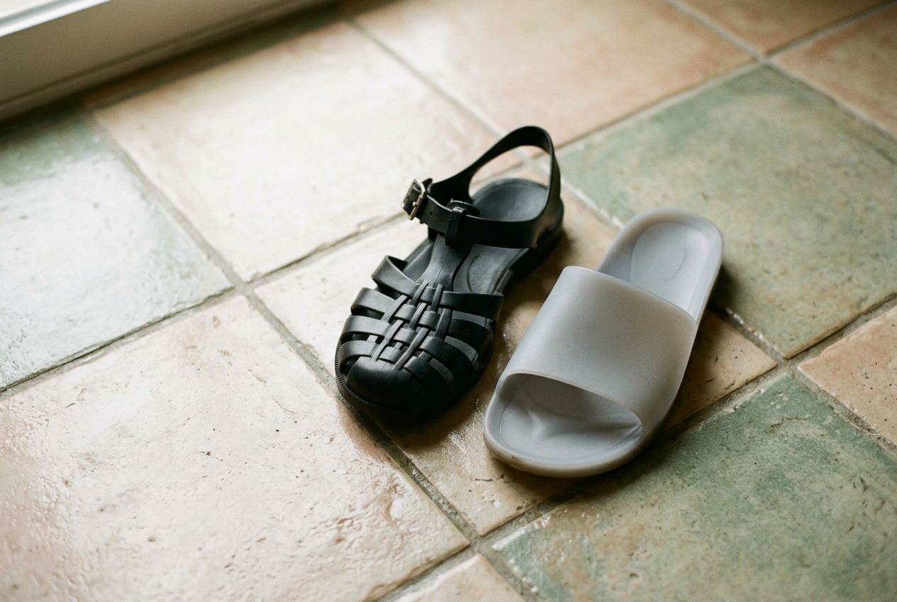Buckled clear PVC sandal beside a one-piece molded jelly slide on a wet tiled floor.