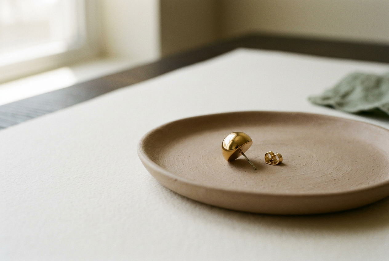 Close view of a gold-tone dome stud separated into its decorative top, straight post and butterfly backing.