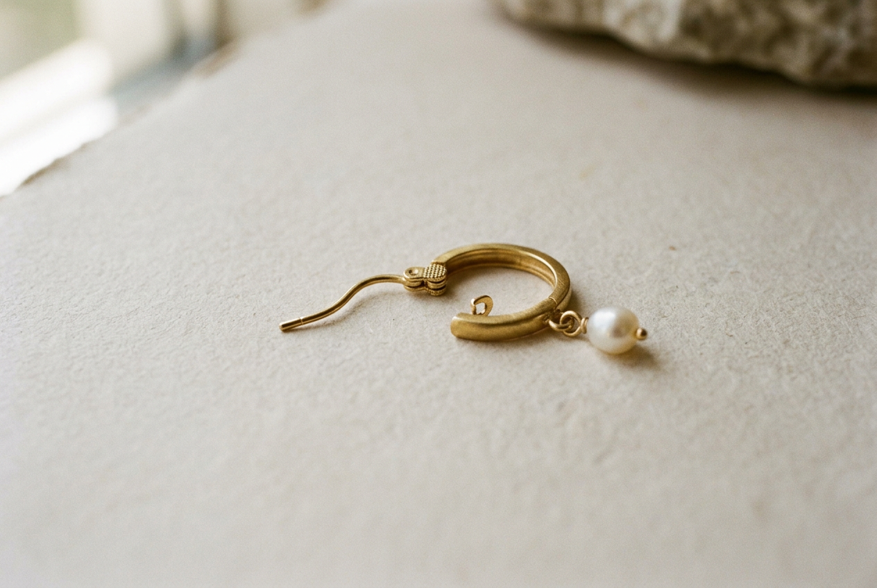Close view of an open gold huggie showing its straight post, hinged clasp, jump ring, and pearl charm.