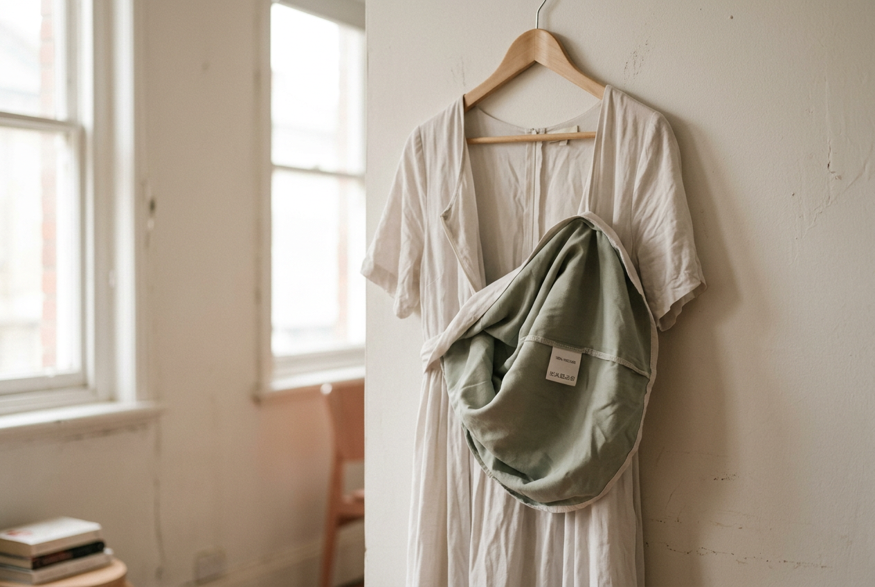 Pale viscose midi dress turned partly inside out to show its smooth lining and care label.