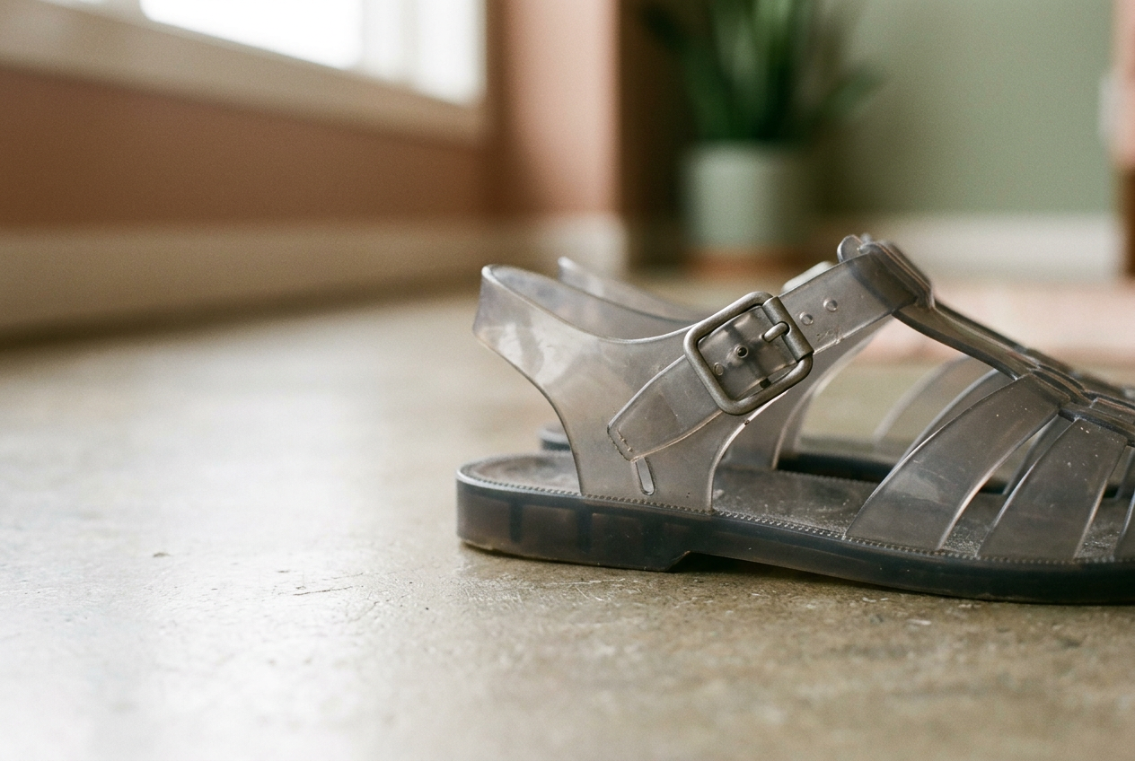 Close view of a smoke-gray jelly sandal showing a working pin buckle fastened through the middle strap hole.