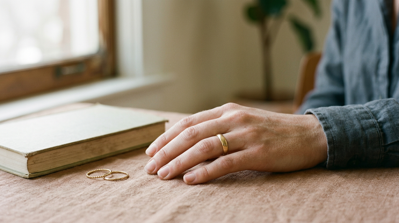 Close view of a plain yellow-gold band beside two slim stacking rings on a hand in natural light.