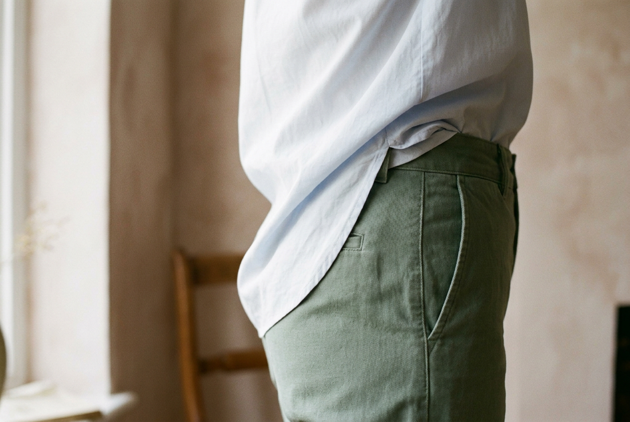 Untucked pale-blue poplin shirt with a curved hem over high-rise wide-leg trousers.