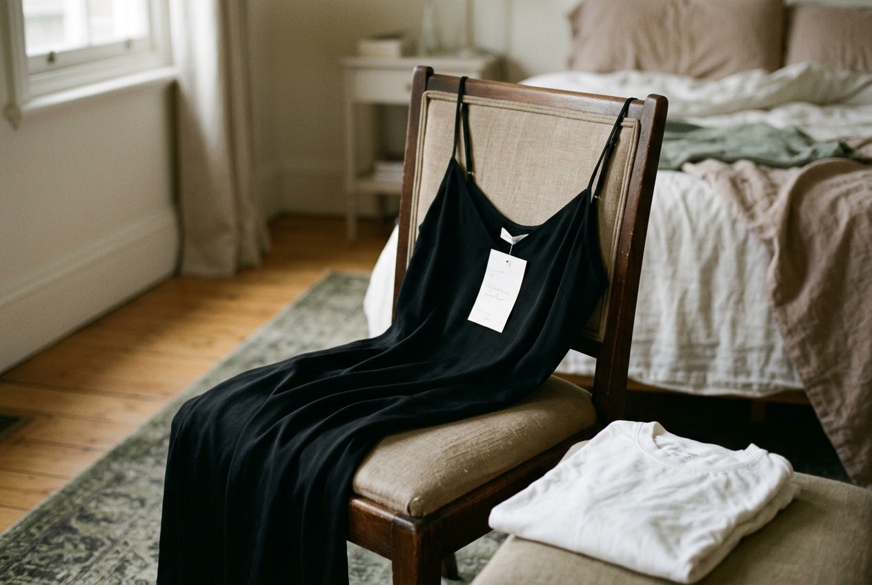 Black silk slip dress beside its dry-clean care label and a folded white cotton T-shirt on a bedroom chair.