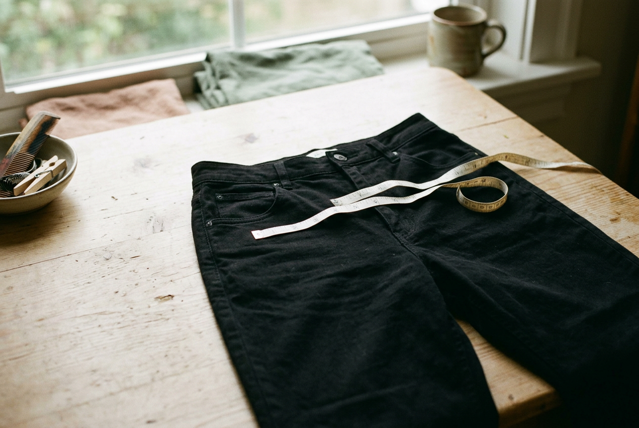 Black cotton-twill trousers laid flat beside a tape measure, with the waistband fastened and front rise visible.