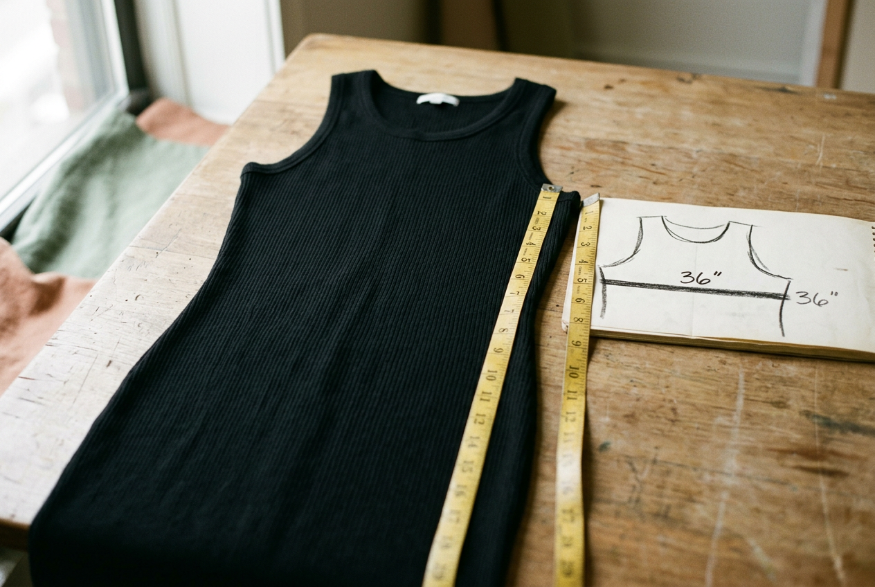 Tape measure beside a black rib-knit midi dress and a size chart showing an unlabeled 36-inch chest.