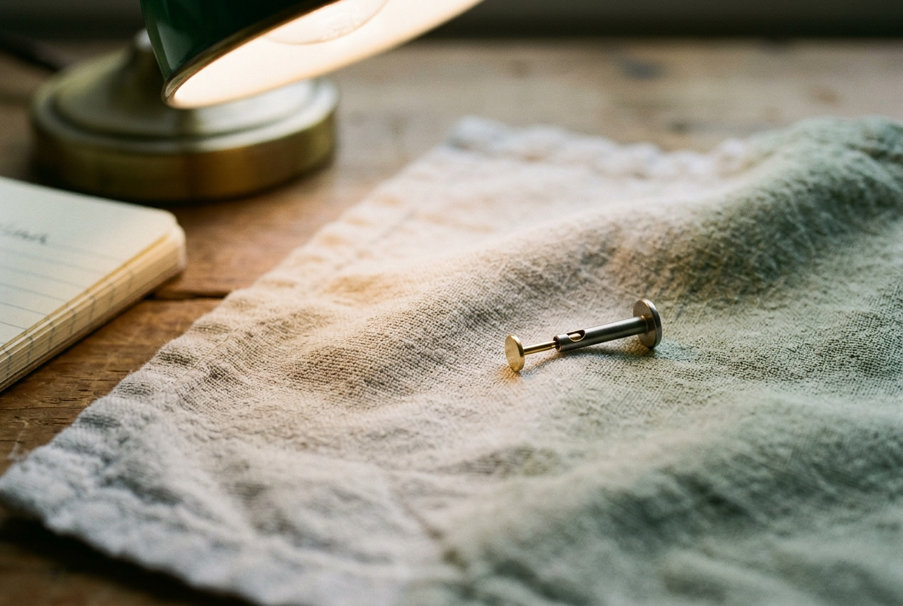 A gold threadless earring end partly inserted into a titanium flat back post on a clean cloth.