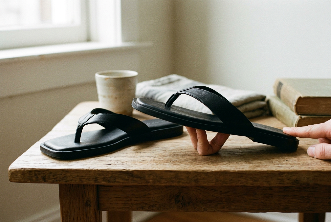 Black square toe flip-flops viewed from the side, showing the raised front edge and forefoot curve.