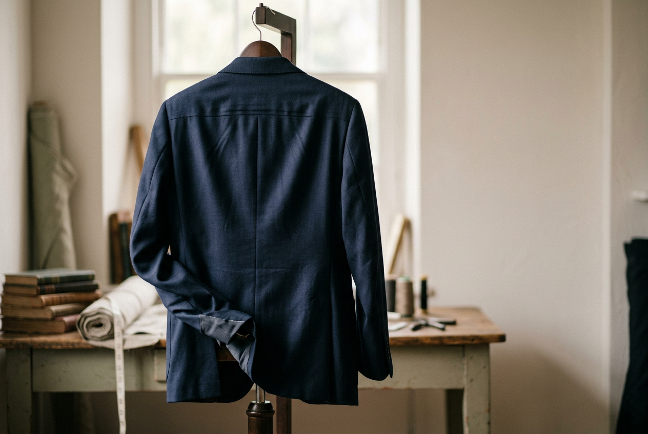Navy wool blazer on a fitting stand with a twisted sleeve and a shallow ridge below the back collar.