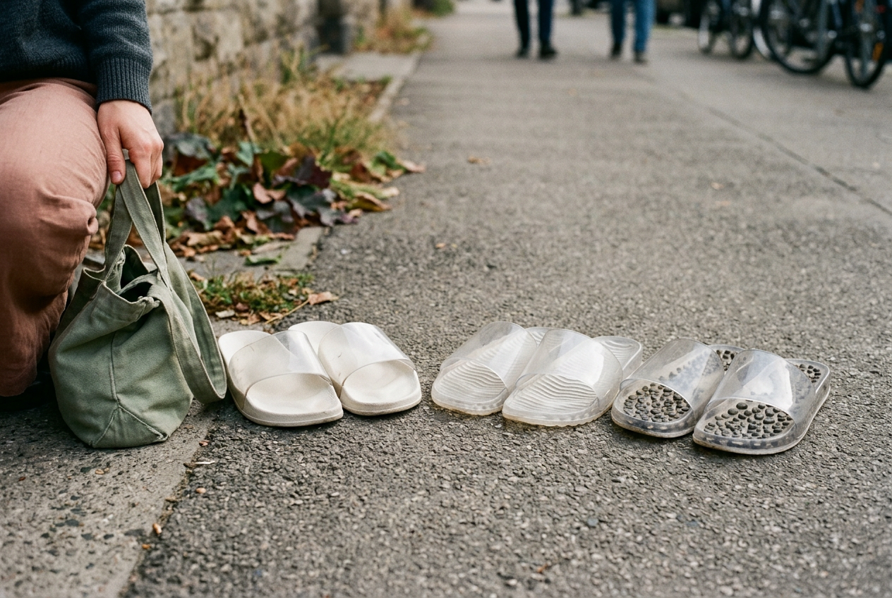 Three clear PVC jelly slides with smooth, ridged and pebbled footbeds arranged on a concrete sidewalk.