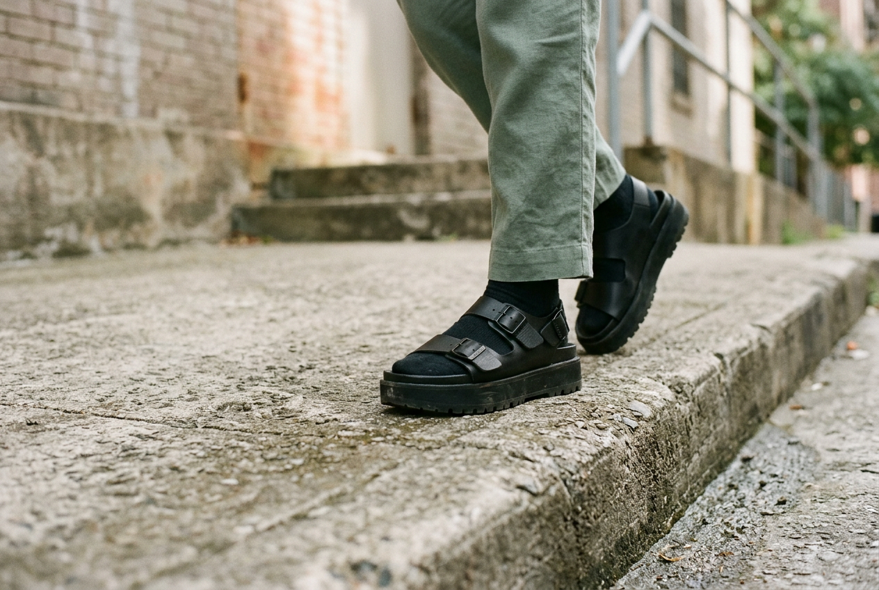 Black two-strap platform sandals resting on cracked concrete, showing the thick molded sole and shallow heel cup.