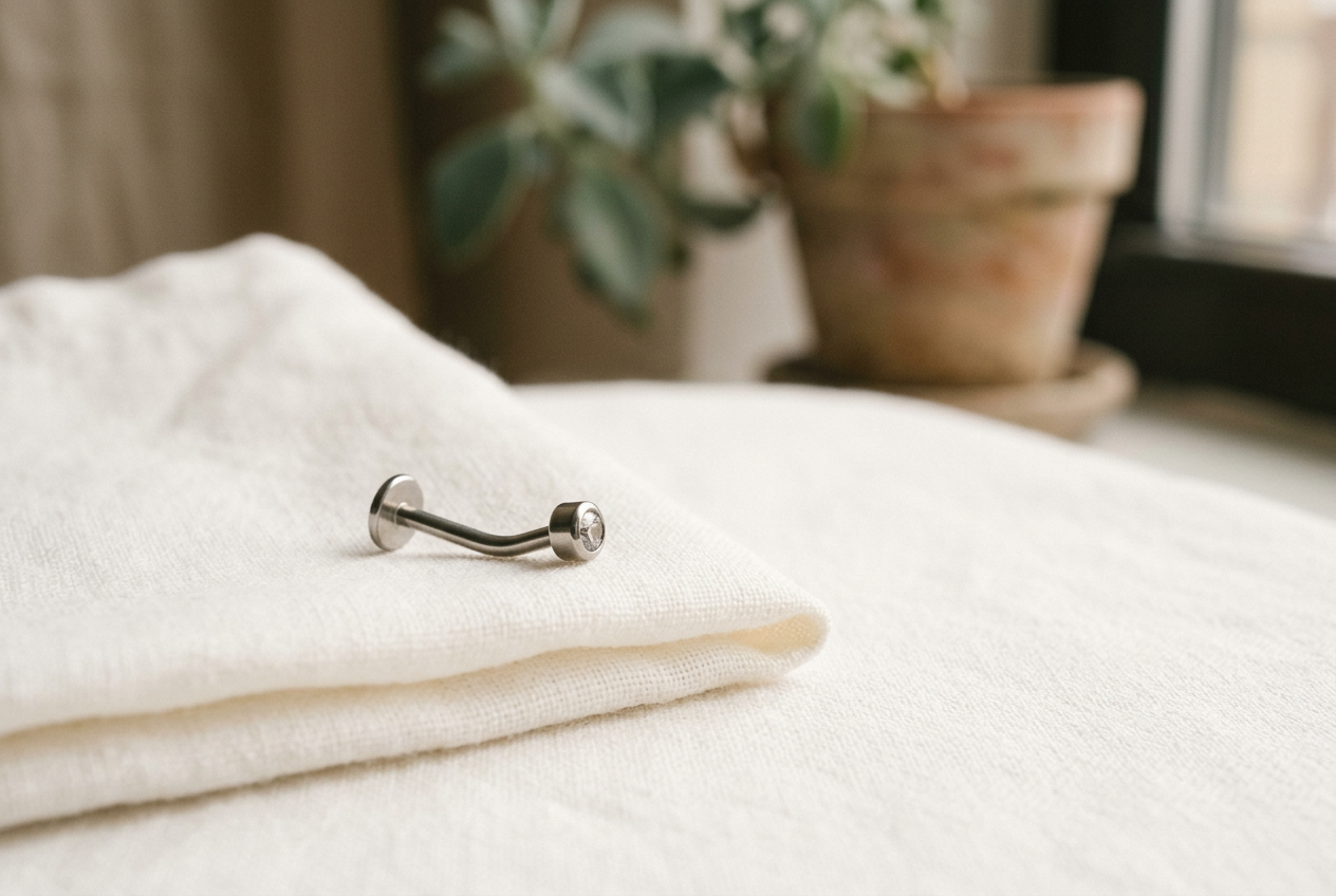 A titanium flat-back labret beside its bezel end, showing a shallow curve in the removable pin.