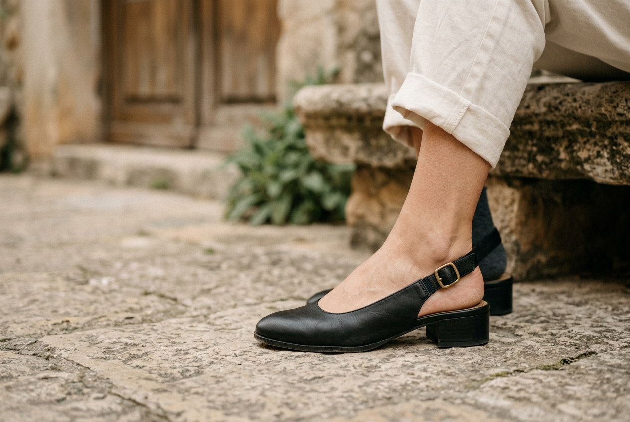 Close view of a black leather slingback buckle sitting forward of the heel curve while the shoe is worn.