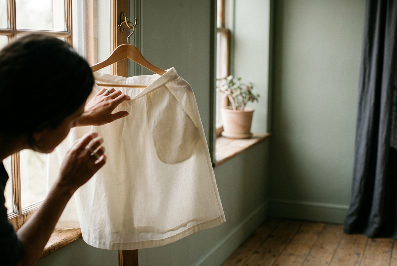 White cotton skirt held near a window, showing a lining edge and pale pocket shapes through the fabric.