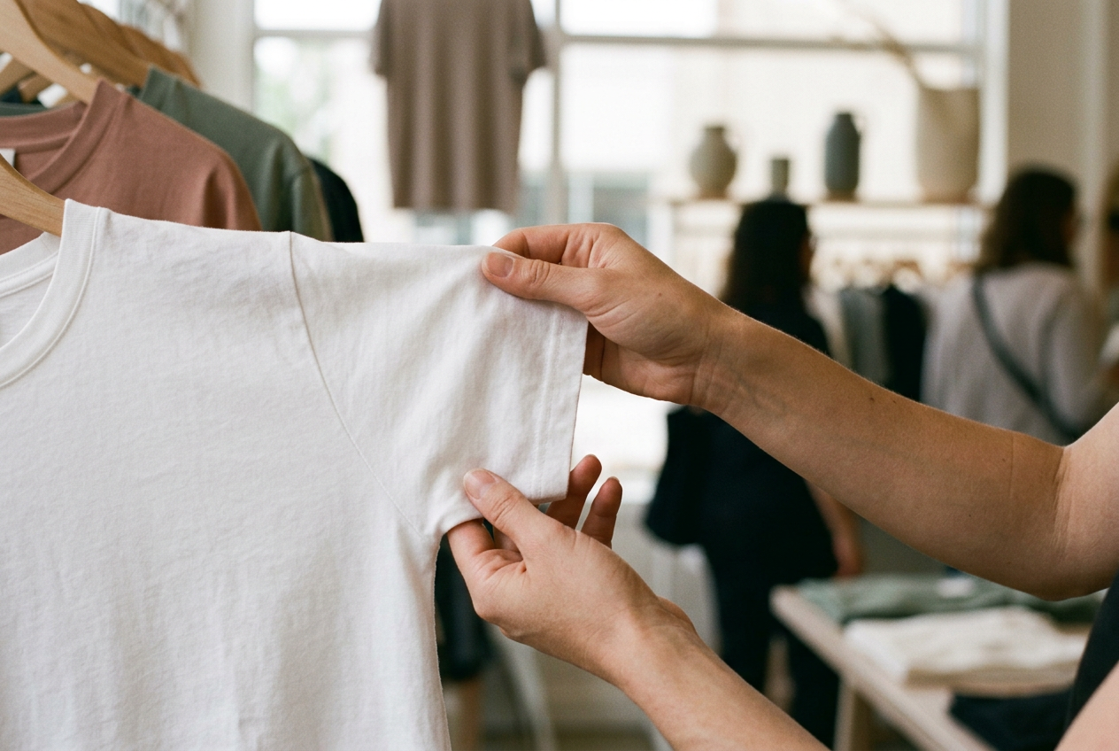 Hands testing the single-layer body of a white cotton crew-neck T-shirt against soft store lighting.