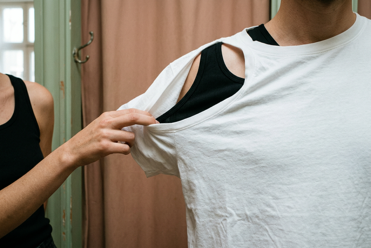 White crewneck stretched lightly over a hand beneath fitting-room lights, with a black ribbed tank visible underneath.