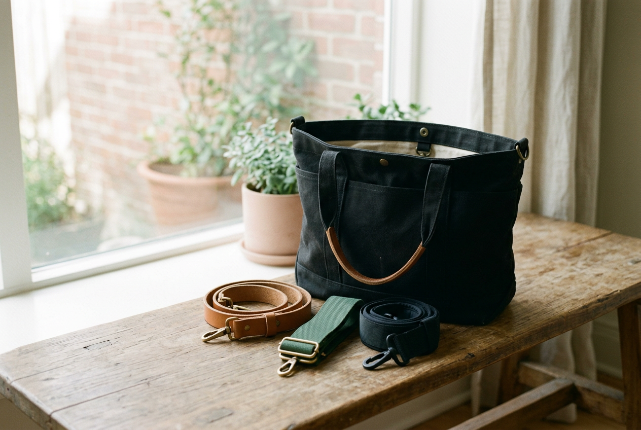 Black canvas tote with leather, polyester webbing and padded nylon straps laid beside its metal rings.