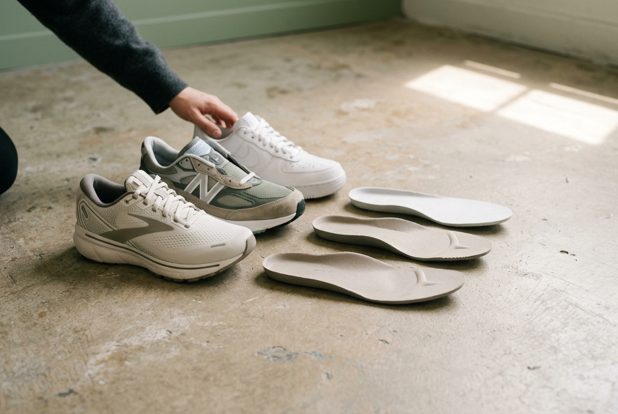 Three sneaker insoles beside their shoes, showing different forefoot curves and pressure marks.