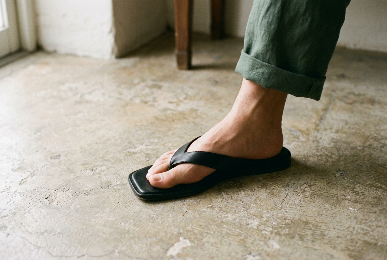 Black square-toe flip-flops on a hard floor, showing a centered heel and visible sole beside the forefoot.