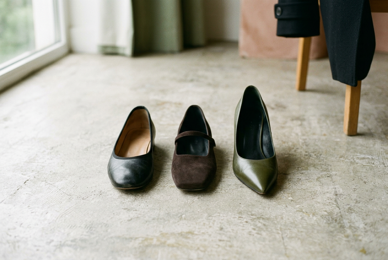 Black leather almond-toe ballet flat beside a square-toe flat and pointed pump on a plain floor.