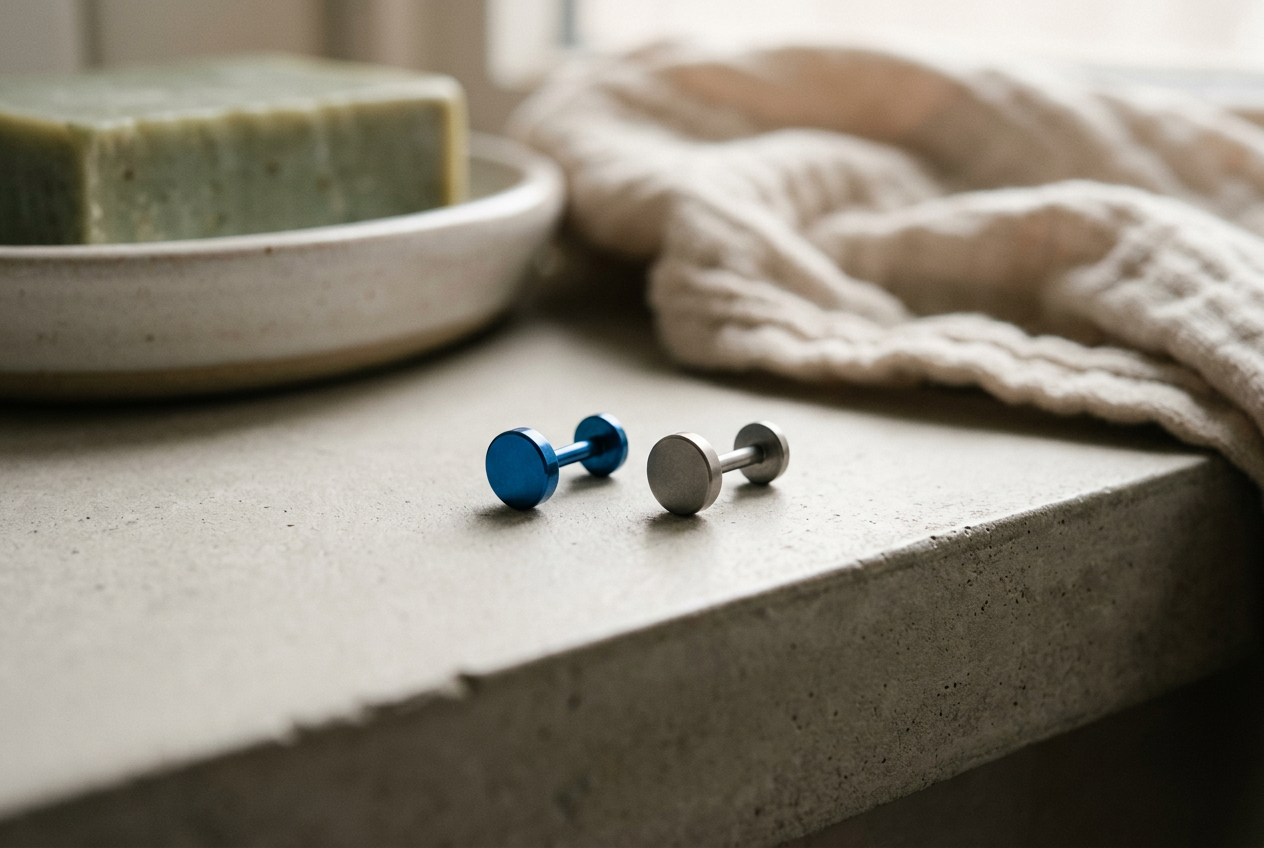 Close view of a cobalt-blue anodized titanium flat-back stud beside a plain gray titanium stud.