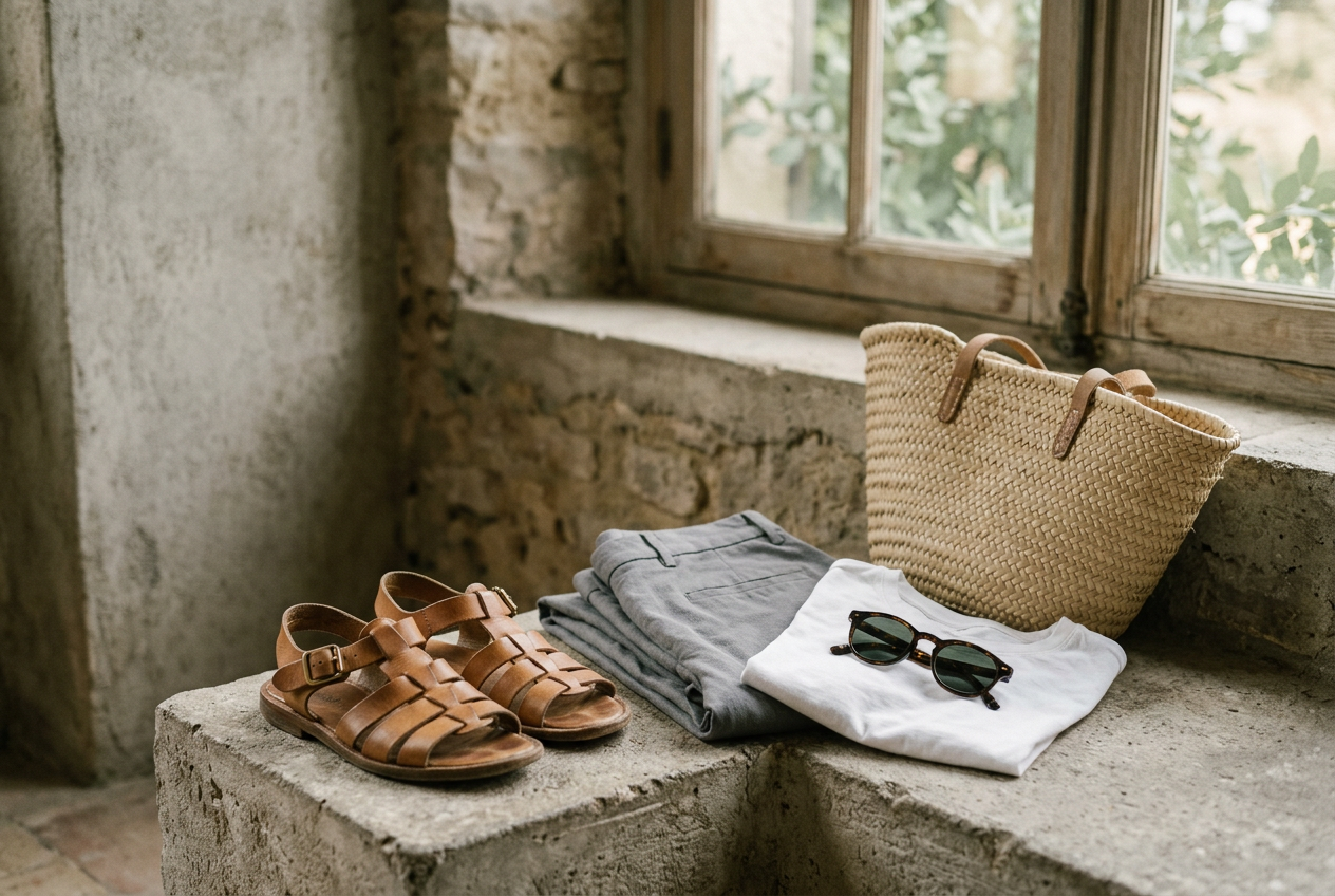 Cork sandals, gray trousers, dark sunglasses and a woven bag arranged on a bench