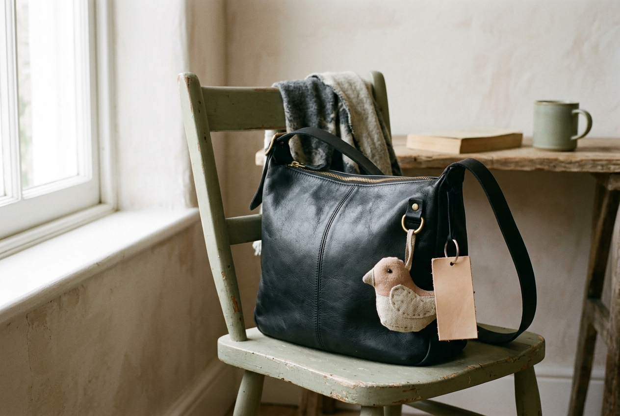 Black leather shoulder bag with a fabric mascot and leather fob attached to an exterior D-ring.