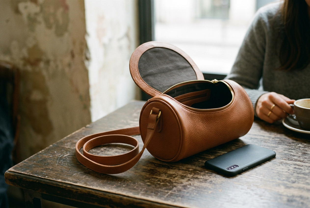 A brown leather barrel bag open on a plain table, with a phone and glasses case beside its rounded base.