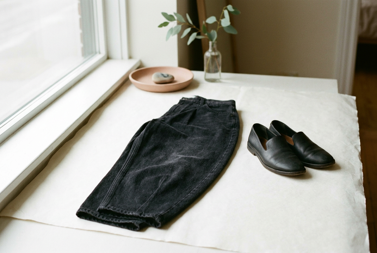 Black barrel-leg jeans laid flat beside loafers, showing front darts and the curved outer seams.